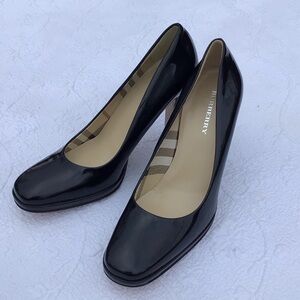 Burberry Glossy Black Patent Leather Plaid Heels 36.5
